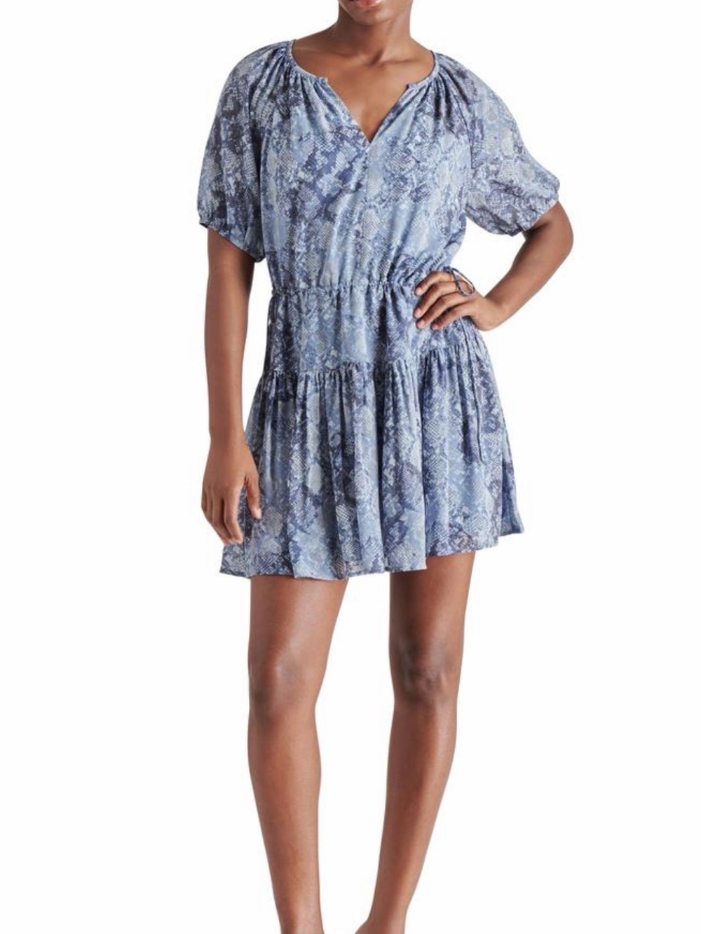 Steve Madden Nordstrom Blue Snakeskin Print Tiered Puff Sleeve Mini Dress Sz S